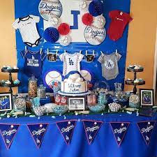 Pin By M Scarberry On Dodgers Party Baseball Baby Shower Theme Boy Baby Shower Candy Baby Shower Candy Station