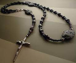 Men S Rosary Style Necklace Made Of Lava Rock Wood Glass Silver Accented Black Cathedral Mens Beaded Necklaces Rosary Style Necklace Cross Necklace Silver