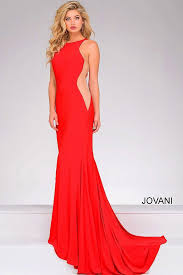 Jovani Dress 35353 High Neck Red Fit Jersey Prom Dress With Sheer Side Panels And Long Tail Jersey Prom Dress Halter Prom Dresses Prom Dress Short Lace