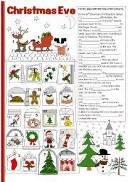 This is a christmas lesson in which students will review christmas vocabulary, find out about christmas celebrations around materials: Christmas Eve Esl Worksheet By Tecus