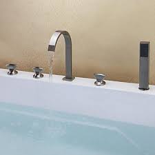 Contemporary Nickel Brushed Five Holes Three Handles Waterfall Bathtub Faucet With Hand Shower Bathtub Filler Shower Faucet Bathtub Faucet