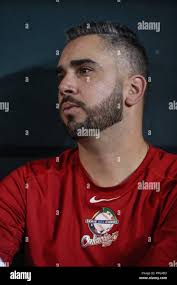 Oliver Perez pitcher mexicano visto en el dogout, previo al encuentro de  Las Aguilas de Mexicali de Mexico vs Los Criollos de Caguas de Puerto Rico  Stock Photo