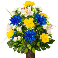 Cemetery silk memorial pillow grave blanket nationwide funeral sympathy flowers. Blue And Yellow Orchid Mix Silk Cemetery Flowers