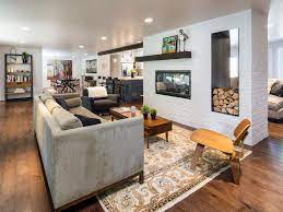 Midcentury glam condo with bold color and dazzling metallics 15. White Open Plan Midcentury Living Room Hgtv