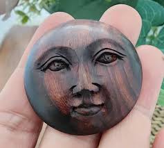 40mm Gorgeous Hand Carved Moon Face Cabochon With OPEN Eyes, Wood Carving  B8758