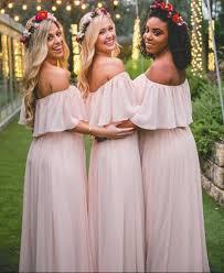 Off The Shoulder Pastel Pink Ruffles Long Chiffon Bridesmaid Gowns Floor Length Prom Dresses N139 Bridesmaid Dresses Long Chiffon Off Shoulder Bridesmaid Dress Blush Bridesmaid Dresses