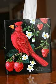 Black And Red Cardinal Bird Cardinal W Strawberries Painting Tissue Box Cover Bird Painting Acrylic Birds Painting Black Background Painting
