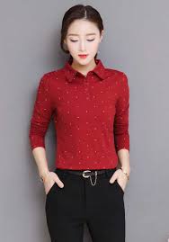 Red Cross Pattern Long Sleeve Button Shirt Women Shirts Blouse Women Long Sleeve