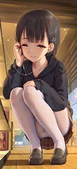 Himitsu, squatting, anime girls, anime, earphones, pantyhose, white  pantyhose, bottomless, loli | 836x1812 Wallpaper - wallhaven.cc