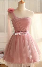 Pink Princess Mini Sleeveless One Shoulder Sashes Ribbons Flowers Tulle Short Homecoming Dress Pink Cocktail Dress Dresses Homecoming Dresses