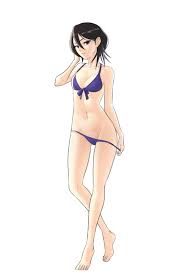 1girls adjusting hair bare legs bikini black hair bleach blue  eyes breasts female female only kuchiki rukia looking at viewer pomelomelon  purple bikini purple swimsuit short hair small breasts