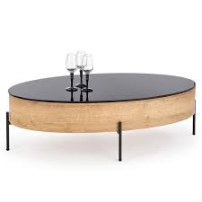 Table basse ovale bois pin recyclé. Table Basse Design Ovale Avec Espace De Rangement Et Plateau Verre