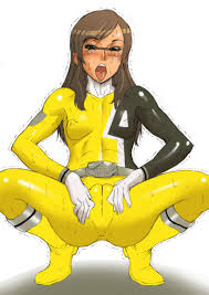 kakugari kyoudai, reimon marika, super sentai, tokusou sentai dekaranger,  character request, highres, 1girl, ahegao, armpits, belt, blush, bodysuit,  boots, breasts, brown hair, cameltoe, covered erect nipples, female focus,  long hair, looking at