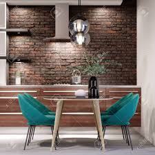 Dining chairs don't just have to look good, but should feel good, too. Newly Designed Kitchen With Dining Room Loft Style Green Chairs Brick Wall 3d Rendering Stock Photo Picture And Royalty Free Image Image 148885505