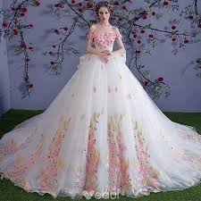 Chic Beautiful Multi Colors Wedding Dresses 2018 Ball Gown Appliques Crystal Off The Shoulder Backless Sleeveless Royal Train Wedding Colored Wedding Dresses Ball Gowns Wedding Dresses