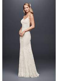 Mix up this simple column silhouette with plunging back or necklines, sheer or lace materials, the possibilities are endless! Soft Lace Sheath Wedding Dress With Low Back David S Bridal