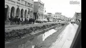 صورة قديمة جدا من مدينة الرياض نلاحظ ماء التصريف وسط الشارع ومجموعة من الأبقار تسير في الطريق Street View Street Scenes