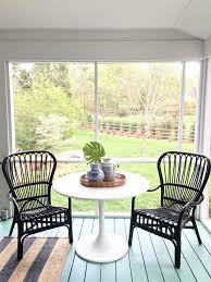 Porch Table Chairs White Tulip Pedestal Table Blue White Ginger Jars Tray Striped Rug Porch Table And Chairs Porch Makeover Porch Chairs