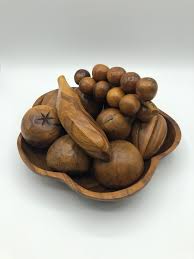 Carved Wooden Fruit Vintage 12 Piece Set Aloha Hawaiian Monkeypod Wood Grapes Banana Pear Starfruit Papaya Polynesian Natural Boho B Carving Natural Boho Fruit