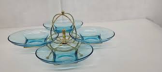 Vintage Hazel Ware Capri Colonial Azure Blue Art Glass Dish Mid Century  Modern Lazy Susan