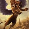 A sphinx is a mythical creature with the head of a human, a falcon, a cat, or a sheep and the body of a lion with the wings of an eagle. 1