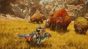 Monster Hunter fighting a giant beast in the wild
