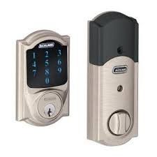 Schlage Connect Camelot Satin Nickel Touchscreen Deadbolt With Alarm Be469wk V Cam 619 At The Home Depot Electronic Deadbolt Smart Door Locks Smart Deadbolt