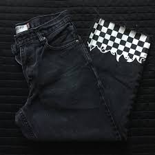 Black And White Flames Check Out These Black And White Checkered Flame Jeans These Babies Have Hand Painted Checkered Flames On The Front Of Th Denim Diy Jeans Diy Aesthetic Clothes