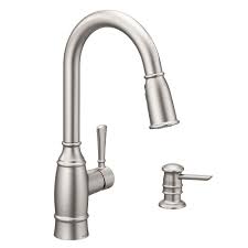 Fingerprints and water spots make your kitchen faucet look old and ugly, but the spot resist stainless finish of this one from moen prevents. Moen Noell 1 Handle Pull Down Sprayer Kitchen Faucet With Reflex Soap Dispenser And Power The Home Depot Canada