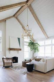 X random length silvery white seaside vintage pine shiplap planks: Two Story Living Room With Shiplap Vaulted Ceiling Transitional Living Room