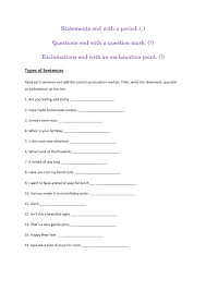 Activities include choosing the correct ending punctuation mark for the type of sentence, writing original sentences. Types Of Sentences