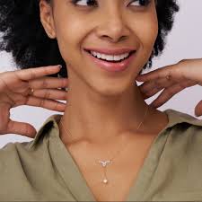 Round Natural Diamond Bow Necklace, 14K Gold Pearl Lariat Necklace, Sparkly  Bow Pearl Necklace, Best Friend Gift, Bridesmaid Lariat Gift