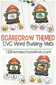 Cat, bat, rat, mat, hat, van, pan, man, can, fan, map, cap, tap, dog, log, book, car, jar, pen, hen, ant. Free Scarecrow Cvc Word Mats