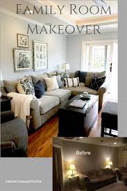 Blue And Gray Family Room Makeover Classic Casual Home Family Room Makeover Grey Family Rooms Family Room Decorating