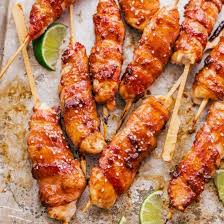 Cook, turning and brushing with barbeque sauce frequently, for 15 minutes, or until chicken juices run clear. These Bacon Wrapped Chicken Kabobs Are Wrapped In Bacon And Covered In A Honey Lime Sauce Kabob Recipes Bbq Recipes Recipes