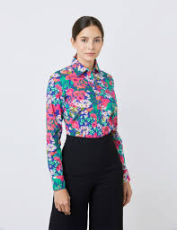 Women's floral shirts & blouses. Cotton Stretch Women S Semi Fitted Shirt With Floral Print And Single Cuff In Blue Pink Hawes Curtis Uk