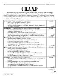 Find a source based on the criteria outlined on you craap test notes. C R A A P Test Handout By Jacob Roop Teachers Pay Teachers
