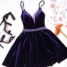 Purple Velvet Spaghetti Straps Plunge V Short Skater Dress Featuring Beaded Embellished Belt Purple Homecoming Dress Cute Homecoming Dresses Blue Velvet Cocktail Dress
