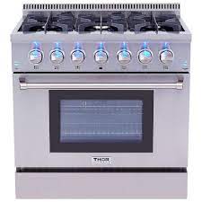 Dual fuel ranges are available in a variety of sizes and materials these days. Thor Kitchen 36 In 5 2 Cu Ft Oven Dual Fuel Range In Stainless Steel Hrd3606u The Home Depot