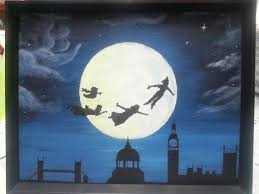 Peter Pan Flying Off To Neverland With Wendy John And Michael Peter Pan Painting Disney Canvas Canvas Art Painting