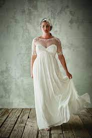 Discount Fashion Plus Size Wedding Dresses With Half Sleeves Sheer Jewel Neck A Line Lace Appliqued Bridal Gowns Chiffon Empire Waist Wedding Dress Strapless A Empire Waist Wedding Dress Wedding