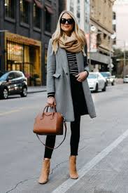 Black And White Fashion Style Blonde Women Wearing Zara Grey Wool Coat Tan Scarf Black White Striped Sweater Black Skinny Jeans Sam Edelman Co Sweaters Women Fashion Fashion Jackson Fashion