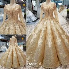 Check spelling or type a new query. Luxus Herrlich Gold Brautkleider Hochzeitskleider 2019 Ballkleid Glanz Tulle Rundhalsausschnitt Perlenstickerei Kristall Quaste Spitze Blumen Lange