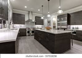 The gray cabinets and the white countertops go really well together too. Modern Gray Kitchen Features Dark Gray Stock Photo Edit Now 557518258