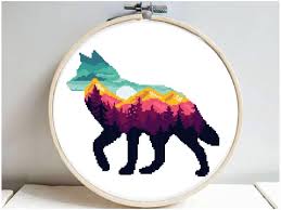 Wolf Silhouette Modern Cross Stitch Pattern Nature Landscape Forest Mountain Easy Animal Cross Stitch Chart Instant Download Pdf
