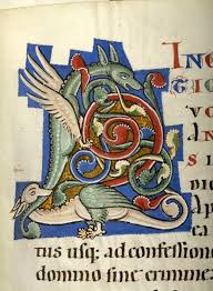 Initial L Composed Of Two Winged Dragons One Biting Tail Of The Other Enclosing Interlacing Foliate Vines Gospel Medieval Books Ancient Books Medieval Art