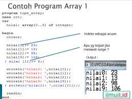 Type int_array array dengan nama a yang berisi 10 buah elemen bertipe integer, maka kita harus mendeklarasikannya dengan cara berikut. Algoritma 2 Pembahasan Tentang Larik Array 1 Dimensi Ilmuit Id