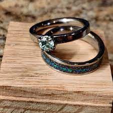 Wedding Band Set For Her Wedding Bands Hers Meteorite Blue Etsy Meteorite Wedding Rings Country Wedding Rings Rustic Wedding Rings