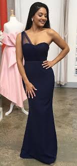 Charming One Shoulder Navy Blue Long Sheath Prom Dresses Mermaid Long Bridesmaid Dresses Winter Dance Dresses Navy Blue Bridesmaid Dresses
