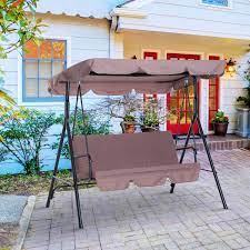Outsunny Canopy Swing Metal 3 Seater Outdoor Patio Swing Cushioned Portable Garden Lounger Chair Hammock Frame And Glider Seat W Tile Brown Aosom Canada Patio Swing Canopy Porch Swing With Stand